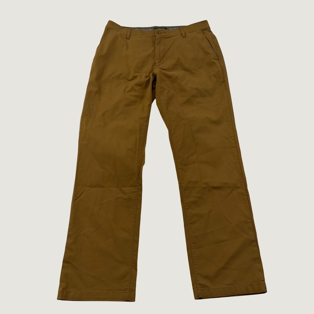 Orvis Chino Pants Mens 34x32 Brown Tan Stretch Cotton Nylon Flat Front Trousers
